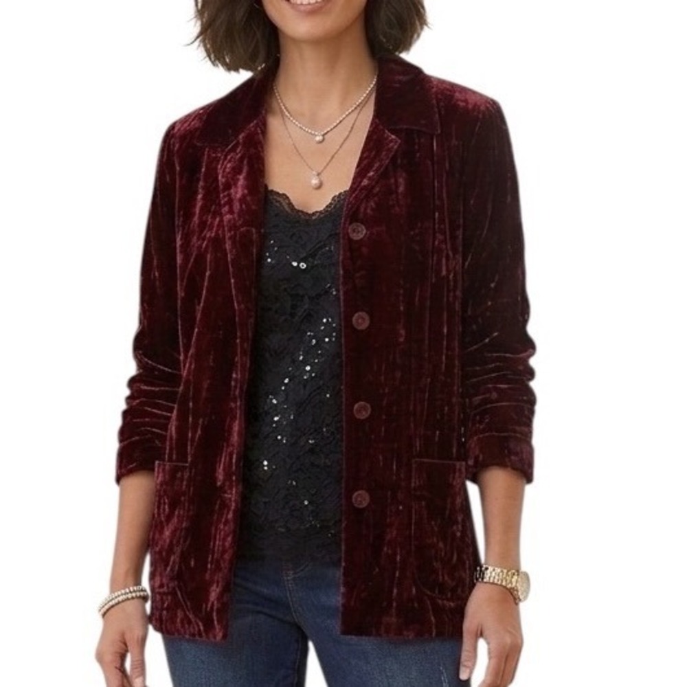 Coldwater Creek Burgundy Crushed Velvet Blazer Jacket Womens L Wine Festive Chic